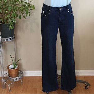 Simon Chang bootleg dark wash embellished jeans
